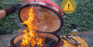 Seguridad en un kamado con fuego activo y símbolo de advertencia