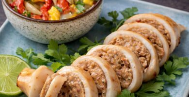 Calamares rellenos en kamado con escabilada de verduras asadas