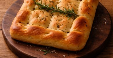 Focaccia casera en kamado con romero sobre tabla de madera