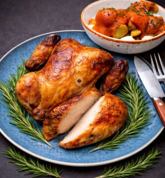 Pollo asado con patatas bravas cocinado al kamado servido en plato rústico