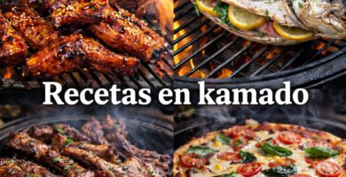 Recetas en kamado con carnes, pescado, costillas de cordero y pizza cocinadas en parrilla cerámica