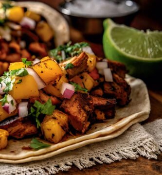 Tacos al pastor en kamado con cerdo y piña asada servidos sobre tortilla artesanal