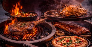 Diferentes tipos de cocción en kamado con carne, pizza, pollo, verduras y asados a distintas alturas