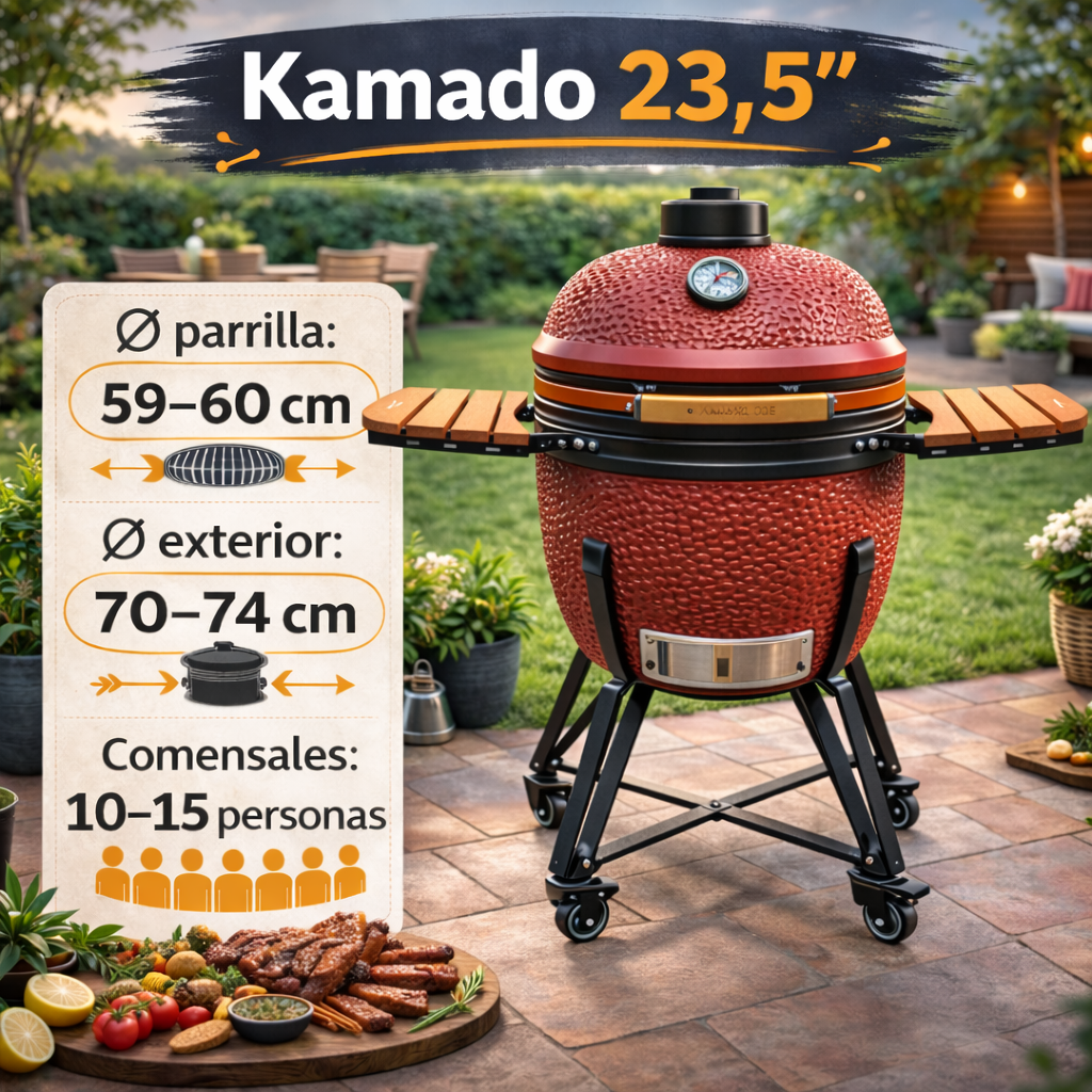 Kamado 23,5 pulgadas en terraza de jardín con medidas 59–60 cm de parrilla, 70–74 cm exterior y capacidad para 10–15 personas