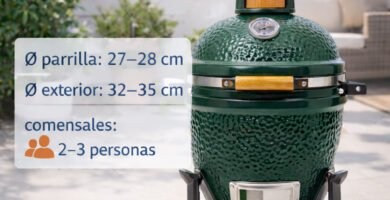 Kamado 13 pulgadas verde con medidas de parrilla y exterior, ideal para 2–3 personas