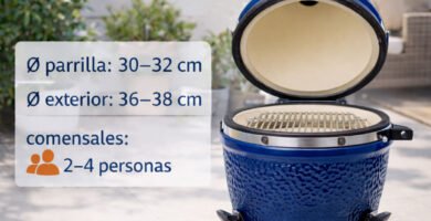 Kamado 14 pulgadas azul abierto con medidas de parrilla y exterior, ideal para 2–4 personas