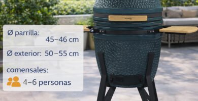 Kamado 18 pulgadas en terraza de jardín con medidas de parrilla y exterior, ideal para 4–6 personas