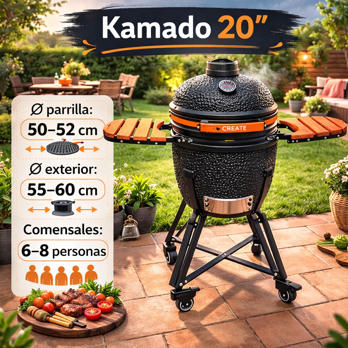 Kamado 20 pulgadas en terraza de jardín con medidas de parrilla 50–52 cm y capacidad para 6–8 personas