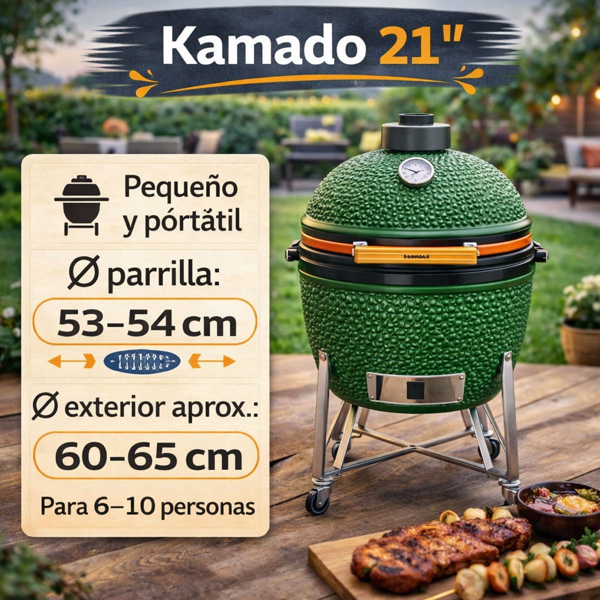 Kamado 21 pulgadas verde en terraza de jardín con medidas de parrilla y exterior, ideal para 6–10 personas
