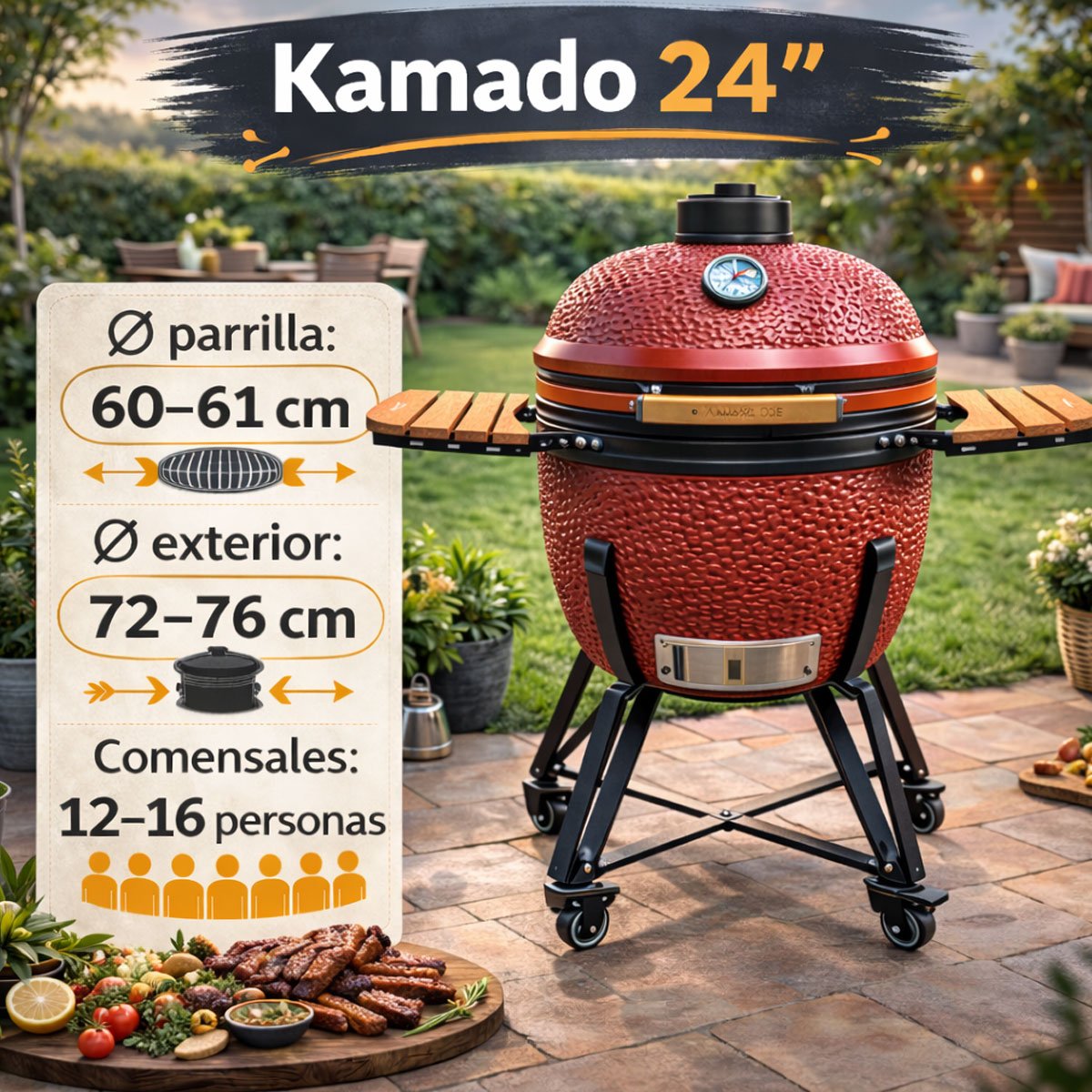 Kamado 24 pulgadas en jardín con medidas 60–61 cm de parrilla, 72–76 cm exterior y capacidad para 12–16 personas