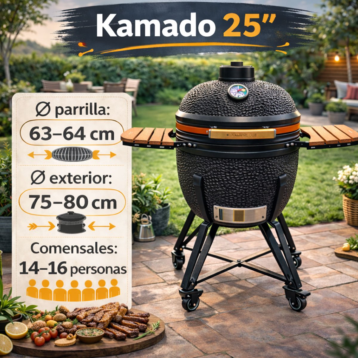 Kamado 25 pulgadas en jardín con medidas 63–64 cm de parrilla, 75–80 cm exterior y capacidad para 14–16 personas