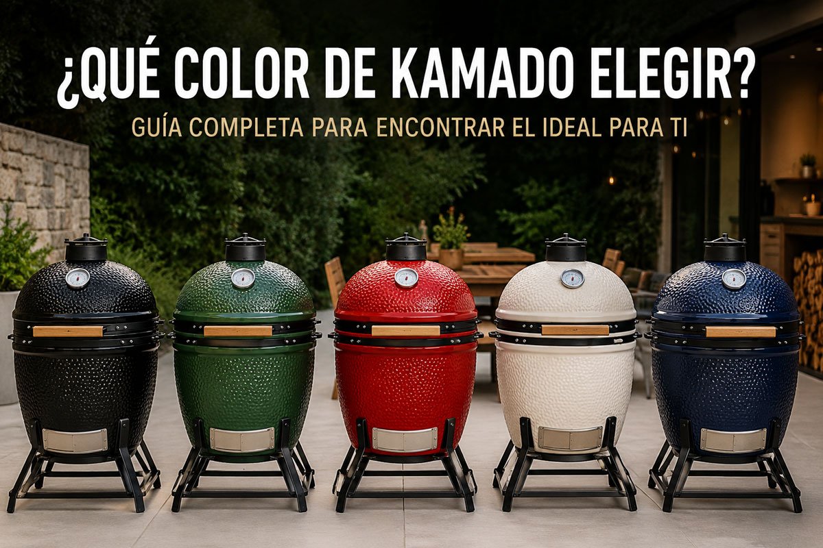 Kamados de colores negro, verde, rojo, blanco y azul comparados en una terraza moderna para elegir el mejor color de kamado