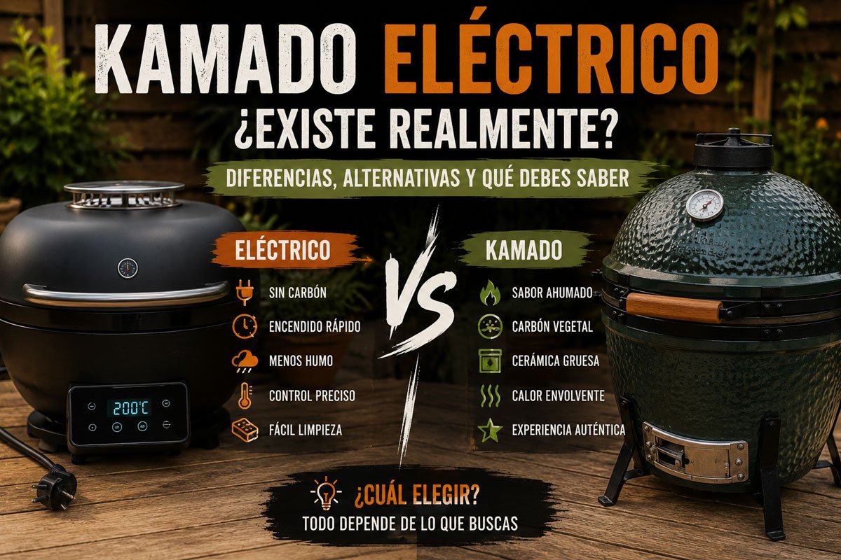 Comparativa entre kamado eléctrico y kamado tradicional de carbón en terraza exterior