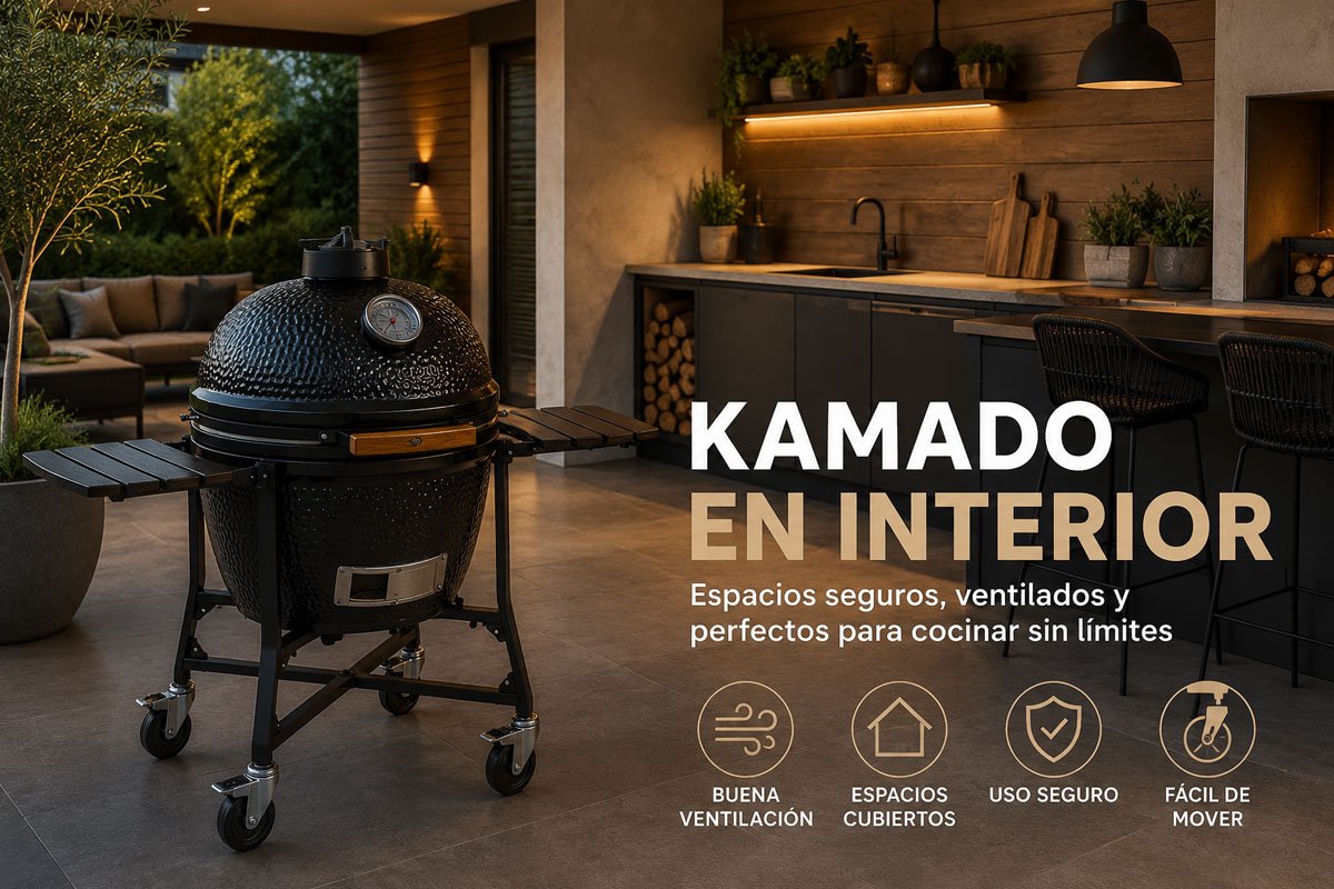 Kamado en interior dentro de cocina exterior cubierta moderna y bien ventilada