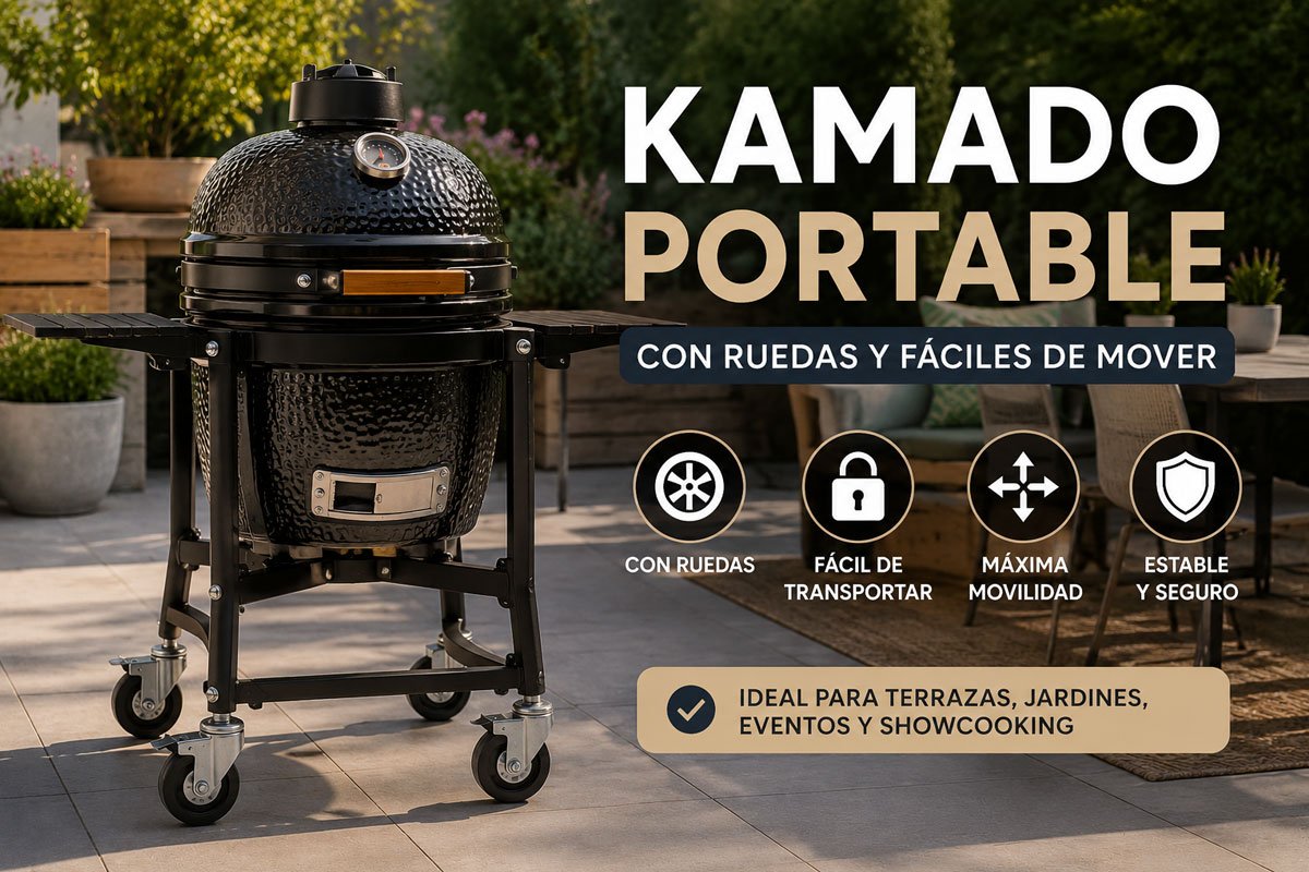 Kamado portable con ruedas sobre terraza moderna exterior listo para mover y transportar